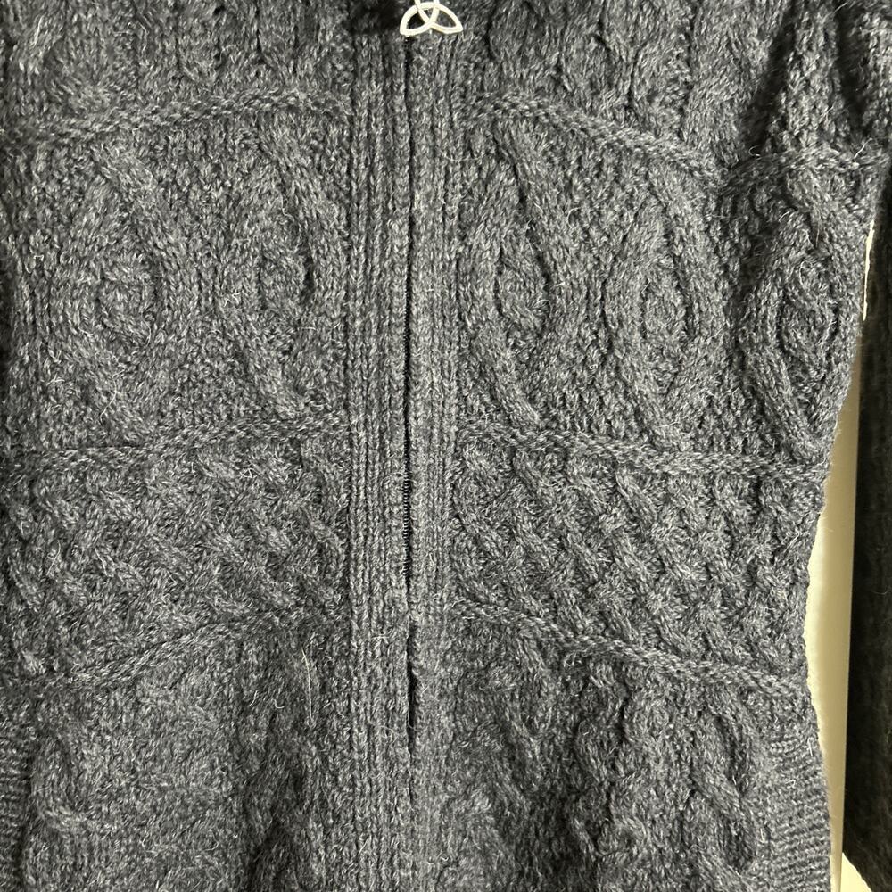 Aran Crafts Wool Sweater Collar Coat Cardigan Zip Cable Knit Dark Grey Sz XS - Picture 7 of 7